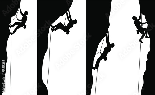 Rock climber silhouette set, man rappelling down steep cliff wall with rope, extreme outdoor adventure sport vector illustration isolated on white background
