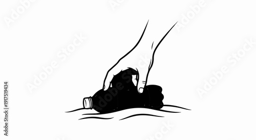 Hand crushing plastic bottle on ground, environmental cleanup illustration