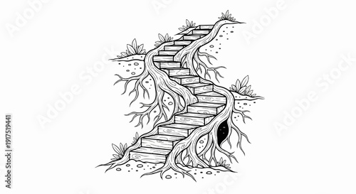 Enchanted wooden stairs entwined with roots and foliage, leading to a mysterious void