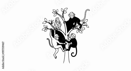 Five stylized monkeys are depicted climbing and hanging on a tree