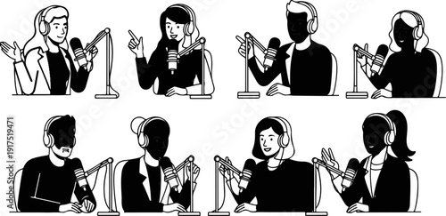 Diverse people with headphones and microphones recording audio for podcasts