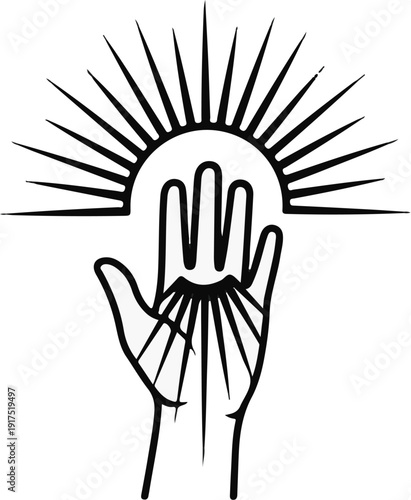 Hand emerging from a sunburst with radiating lines