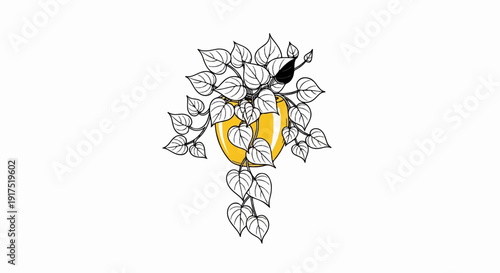 Line art of a vibrant yellow potted plant with trailing heart-shaped leaves