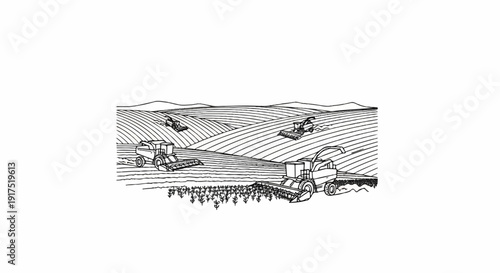 Harvesting machines work on a rippling, cultivated field under a vast sky