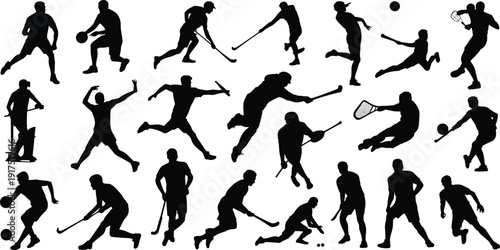 Sports players silhouette set, athletes in action poses playing basketball hockey lacrosse and other games, black vector illustration isolated on white background