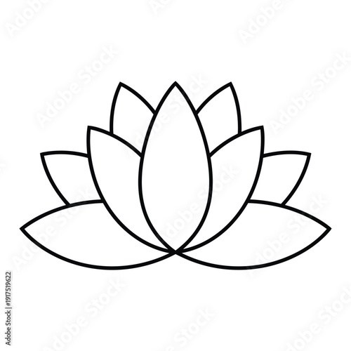 Simple black outline drawing of an elegant lotus flower, symbolizing purity, peace, and spiritual growth and beauty.