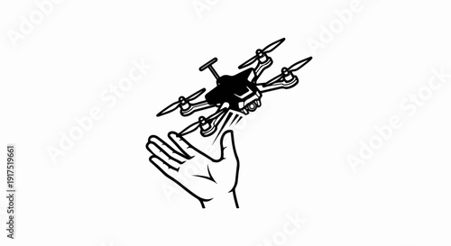 Hand holding a drone hovering above, ready for flight