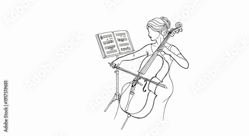 Line art of a woman playing a cello with sheet music on a stand