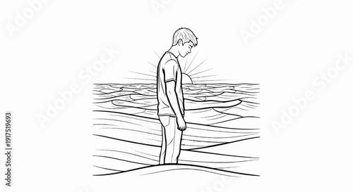 Man standing in wavy ocean at sunset, looking down