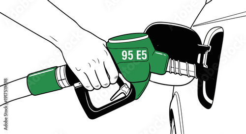 Hand holding a gas nozzle with "95 E5" label inserted into a car's fuel tank