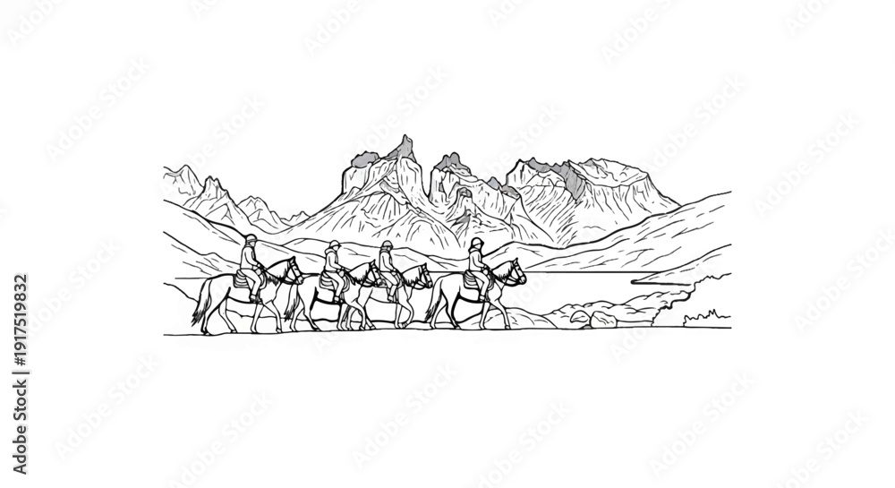 Naklejka premium Equestrians traverse a rugged mountain landscape with a lake