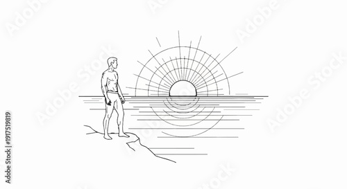 Man watches a stylized sunrise over a calm sea from a rocky shore