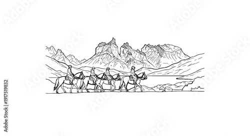 Equestrians traverse a rugged mountain landscape with a lake