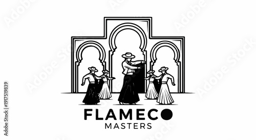 Line art of flamenco dancers in traditional attire in front of Moorish arches