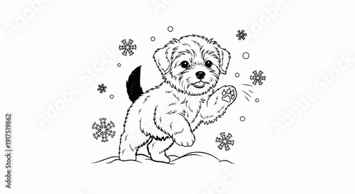 Fluffy puppy plays in the snow among snowflakes, waving a paw