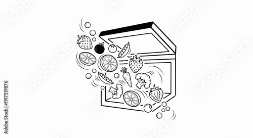 Line art of fruits and vegetables spilling out of an open box
