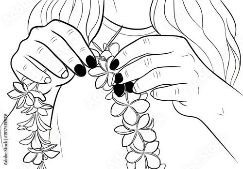 Line art of hands adorning a person with a lei of flowers