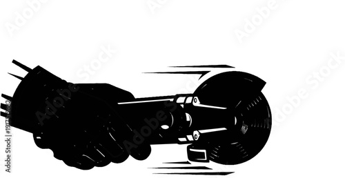 Hand holding a spinning angle grinder tool, motion lines convey speed