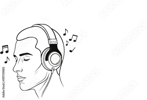 Man wearing headphones with musical notes floating around his head