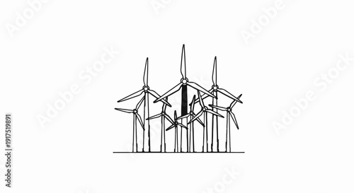 Line art of multiple wind turbines of varying sizes arranged together on a flat line