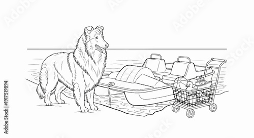 Fluffy collie dog beside paddle boat with shopping cart of toys