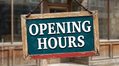 Rustic wooden hanging sign board with teal background and red trim displaying white text opening hours for small business shop or cafe entrance to welcome customers during operating times