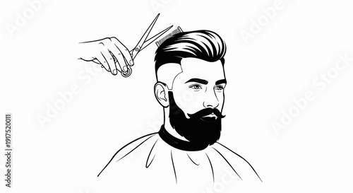 Man with beard and mustache getting haircut with scissors and comb