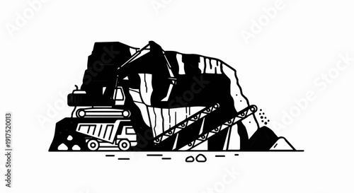 Excavator loads truck at mine, conveyor belt moves material from cliff