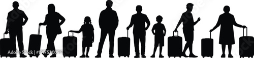 Travelers silhouette set with suitcases, family and individual passengers standing with luggage, airport travel concept vector illustration isolated on white background