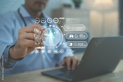 Doctor using stylus pen on virtual medical dashboard with laptop, Smart healthcare and AI diagnosis analysis concept