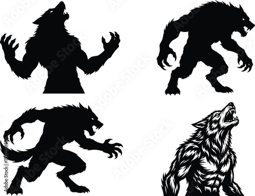 Werewolf silhouette collection, scary mythical creature vector illustration set with howling wolf monster characters isolated on white background