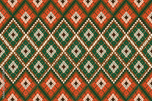 Seamless ethnic geometric pattern with diamond motifs in green, brown and burnt orange tones. Pixel style tribal textile design inspired by traditional weaving, ideal for fabric, wallpaper and surface