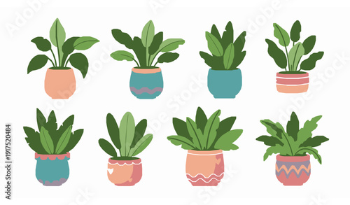 Cute green houseplants in colorful patterned pots with hearts vector illustration