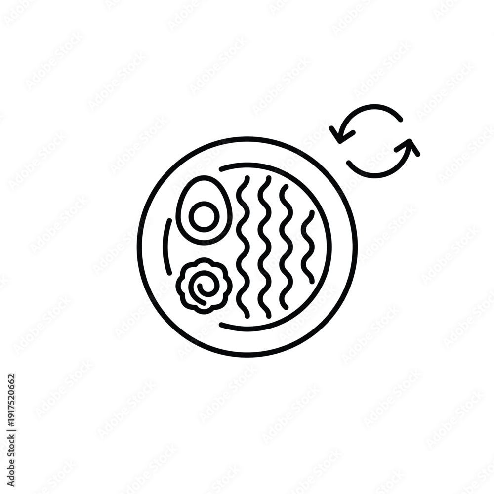 Obraz premium Ramen noodles and renew symbol. Food and groceries recycling, fresh Japanese takeaway, Asian menu. Pixel perfect, editable stroke vector icon