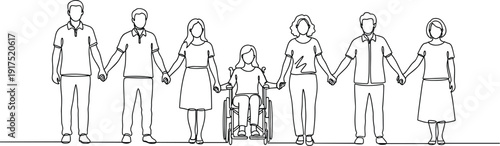 Inclusive community group flat vector illustration, wheelchair user, diversity, unity, equality, accessibility, friendship, solidarity, minimal line art