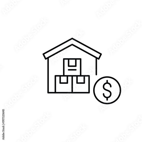 Shipment company warehouse and dollar sign. Storage cost, inventory payment, logistics expense. Pixel perfect, editable stroke vector icon