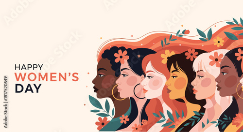 International Women’s Day celebration flat vector illustration, diverse women, empowerment, inclusivity, unity, floral design, solidarity, equality, beauty