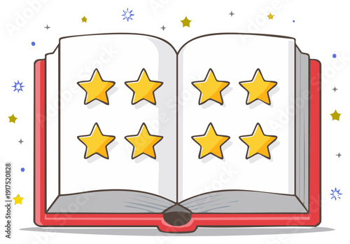 Magical Open Book with Golden Stars Symbolizing High Rating and Achievement