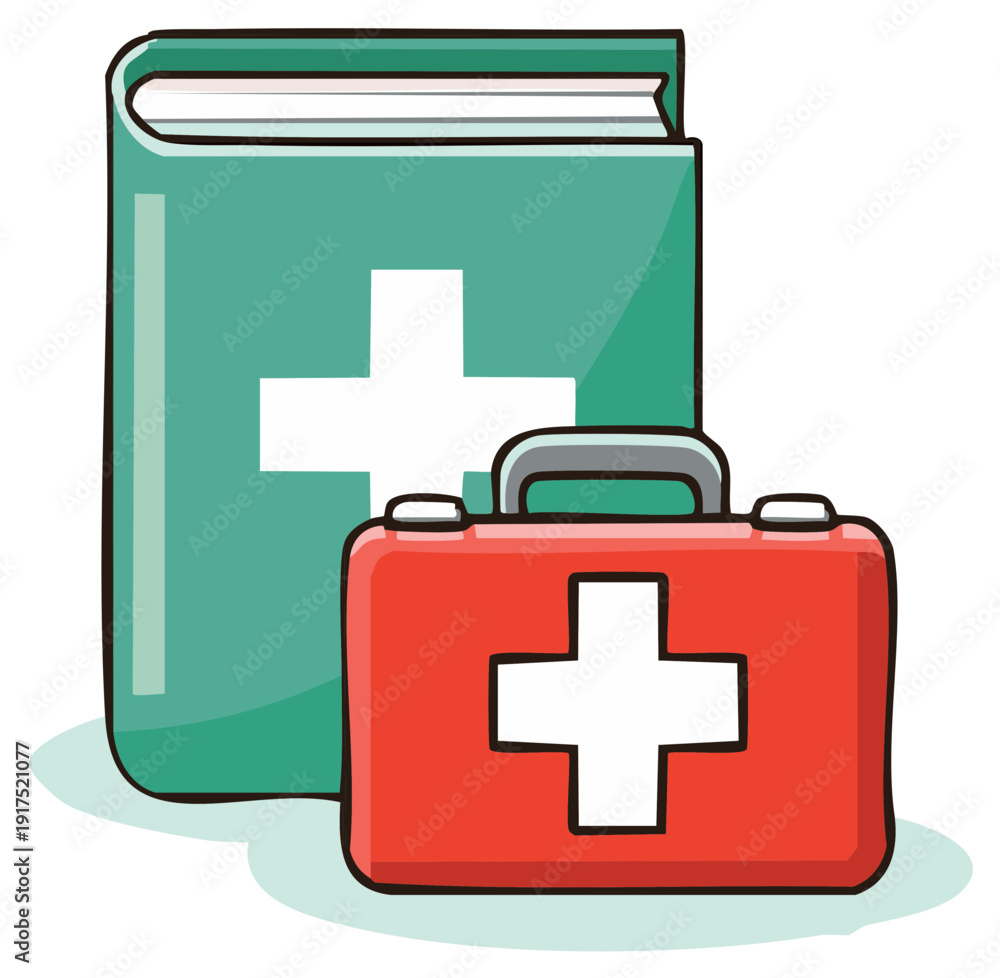 Obraz premium Medical emergency first aid kit and training manual book cartoon vector illustration