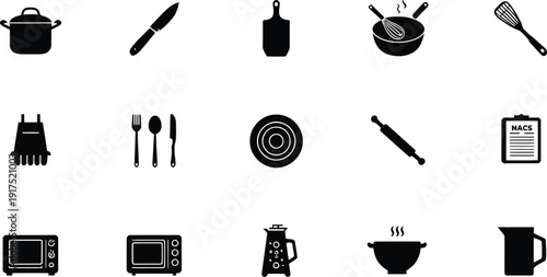 A collection of simple black and white line icons depicting various tea ingredients brewing tools and serving vessels for beverage preparation design concepts