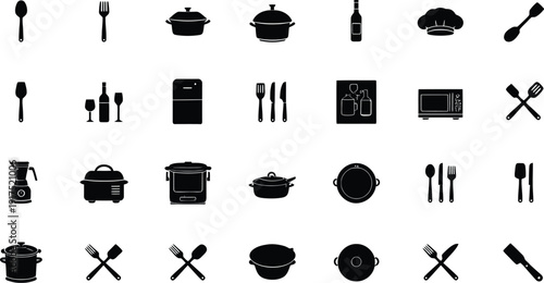 Assortment of sweet dessert icons featuring ice cream cones donuts sundaes strawberries cake slices pancakes and refreshing fruit drinks illustrated in black and white outline style