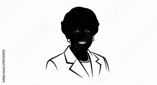 Line art portrait of a smiling, elegantly dressed woman with dark hair and pearls