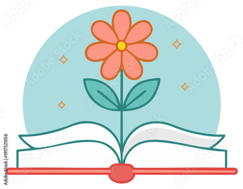 Open book blooming with a vibrant flower symbolizing knowledge and growth