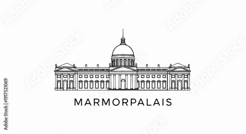 Line art sketch of a grand neoclassical building with a dome and columns