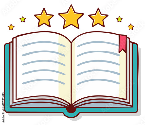 Illustrated open book with stars, representing rating or education concept