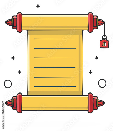 Cartoon drawing of an ancient scroll with a red tassel. Empty message in the scroll for text.