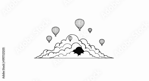 Many balloons ascend above stylized clouds with a dark opening