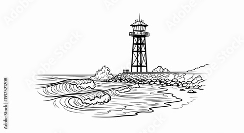 Line drawing of a coastal scene with a tower and crashing waves on a rocky shore