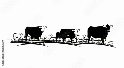 Herd of black and white cows and calves walking across a grassy field