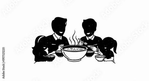 Family enjoys a warm bowl of soup together at the dinner table
